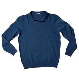 Men’s Blue Long Sleeve Collared Knit‎ Polo Sweater Textured Front Size Large